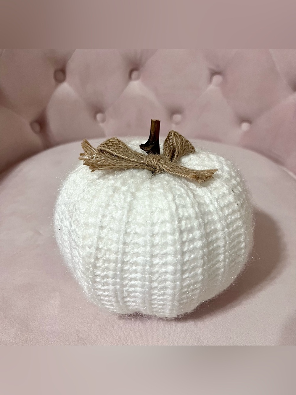 Small White Knit Pumpkin Decorative Accent with bow fall halloween